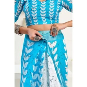 Generic Women's Faux Linen Leaf Print Ready to wear Saree With Unstitched Blouse 5.5Mtr (SkyBlue & White)