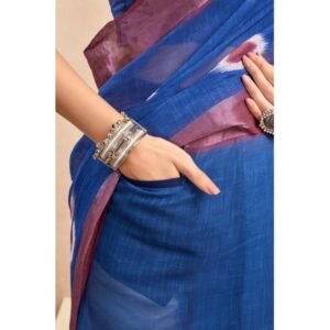 Generic Women's Faux Linen Printed Ready to wear Saree With Unstitched Blouse 5.5Mtr (Blue)