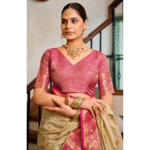 Generic Women's Silk Blend Booti Work Ready to wear Saree With Unstitched Blouse 5.5Mtr (LightBeige)