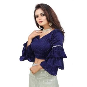 Generic Women's Organza Solid V Neck Layered Ruffle Sleeve Readymade Blouse (Navy Free Size , up to 38–40 Bust)-PID65855