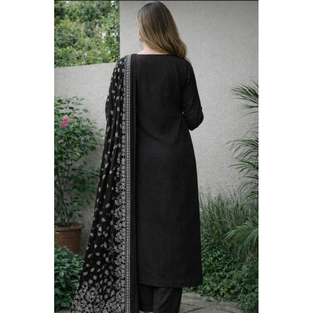 Generic Women's Chanderi Silk Ethnic Motif Round 3/4th Sleeve Kurti With Pant Dupatta Set (Black) - Image 2