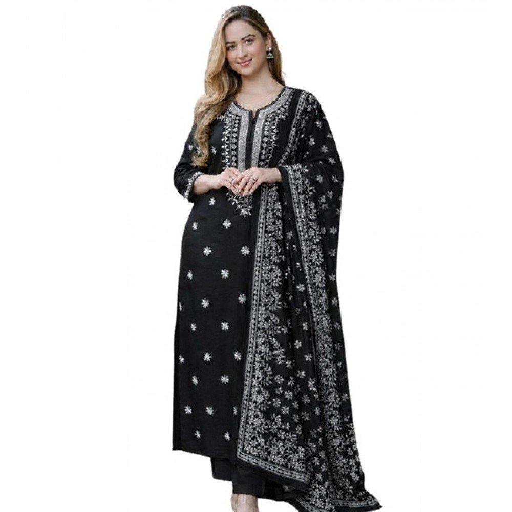 Generic Women's Chanderi Silk Ethnic Motif Round 3/4th Sleeve Kurti With Pant Dupatta Set (Black) - Image 3