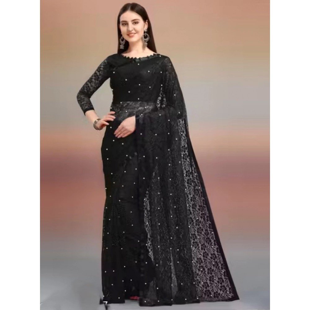 Generic Women's Net Self Design Saree With Unstitched Blouse 5.5Mtr (Black)