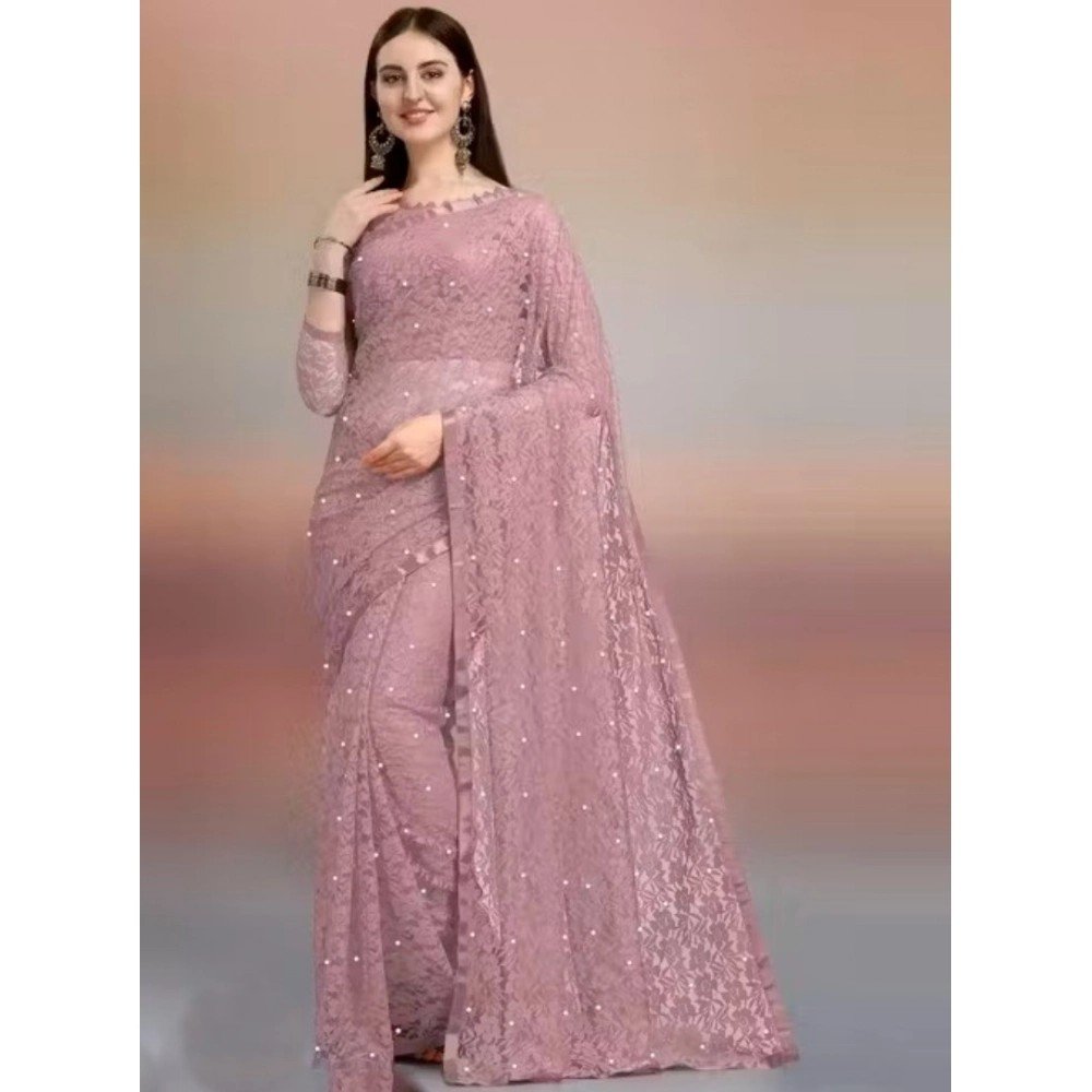 Generic Women's Net Self Design Saree With Unstitched Blouse 5.5Mtr (Light Brown)