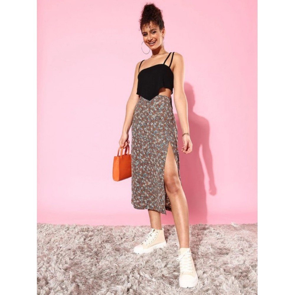 Generic Women's Polyester Floral Side Zip Skirt (Grey - Coral) - Image 2