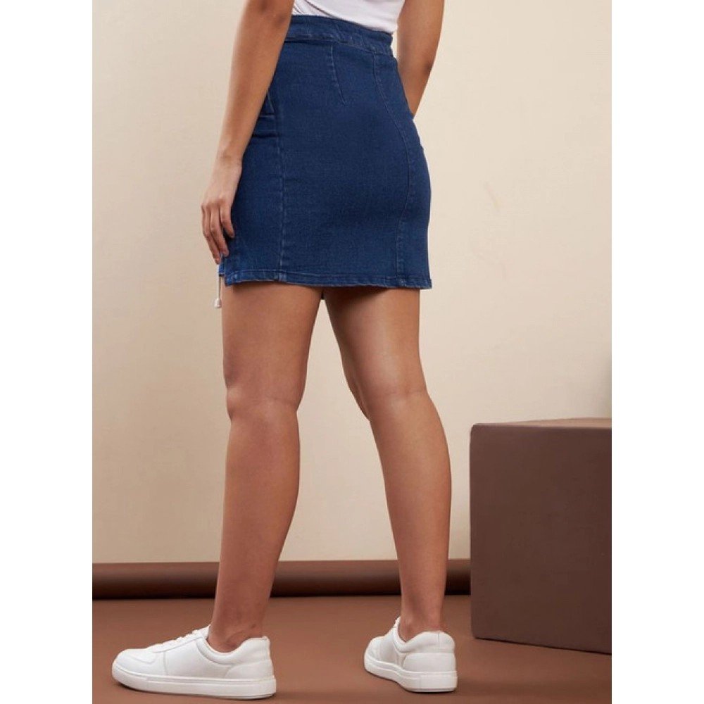 Generic Women's Denim Lycra Solid Button Skirt (Blue) - Image 2