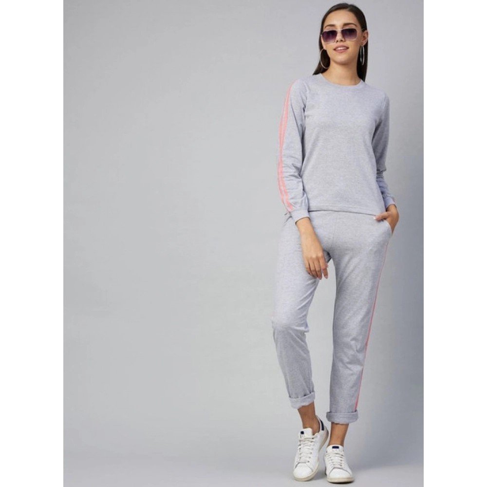 Generic Women's Cotton Solid Long Sleeves Tracksuit (Light Grey - Pink) - Image 3