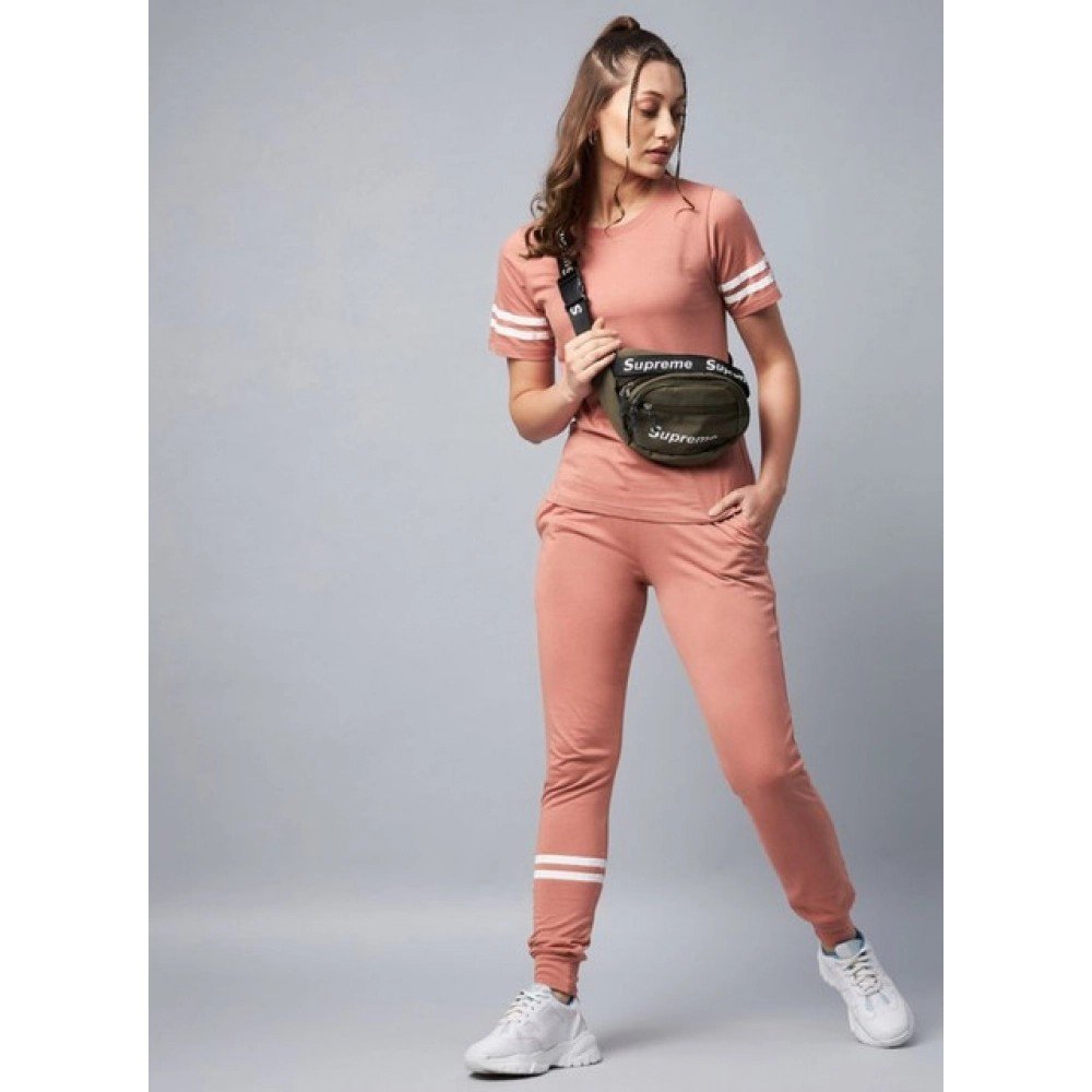 Generic Women's Cotton Striped Short Sleeve Tracksuit (Pink) - Image 2