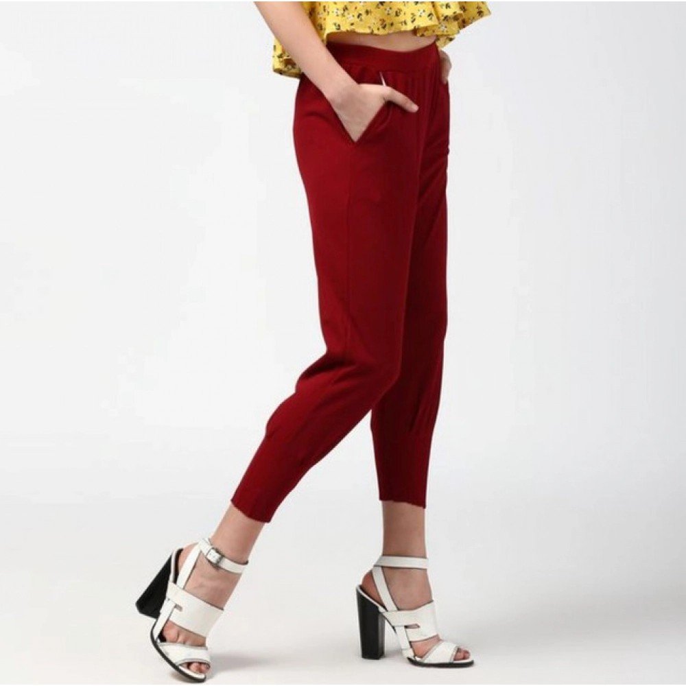 Generic Women's Polyester Solid Elasticated Trousers (Maroon) - Image 4