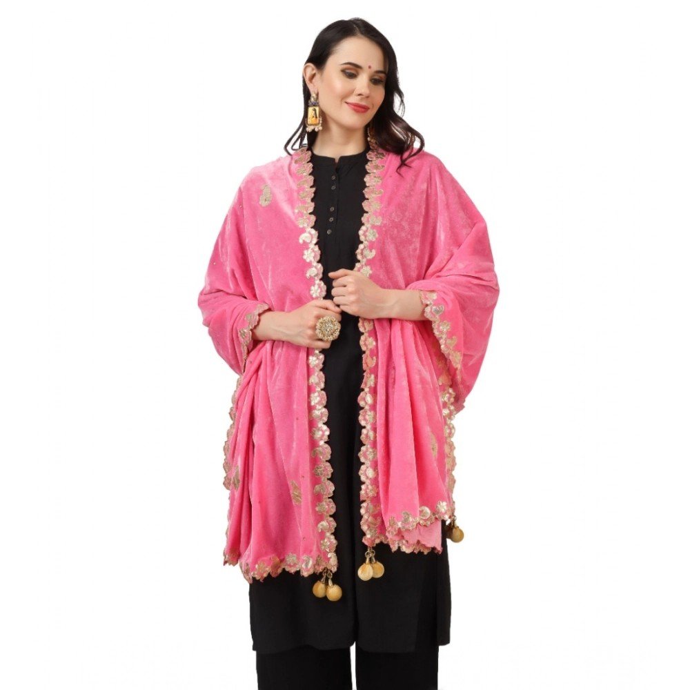 Generic Women's Velvet Gotta Patti Dupatta (Pink, Length: 2.25 to 2.50 Mtr) - Image 2