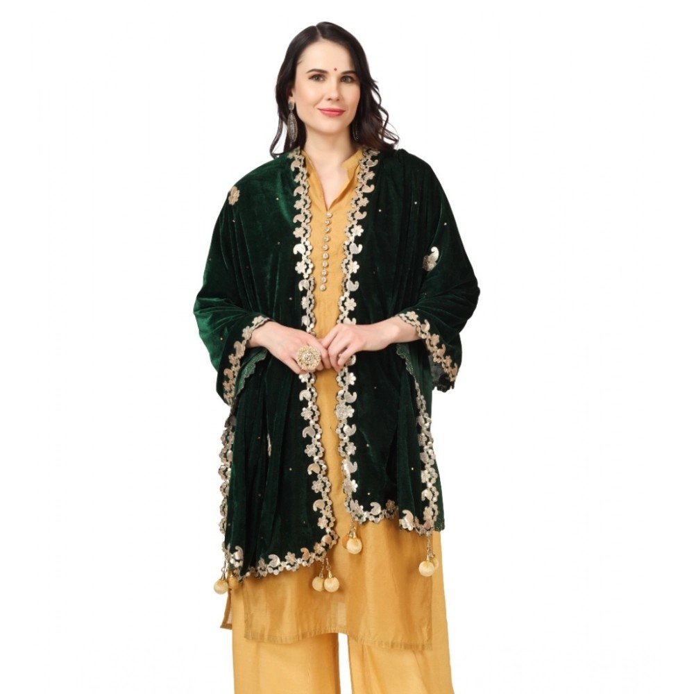 Generic Women's Velvet Gotta Patti Dupatta (Green, Length: 2.25 to 2.50 Mtr) - Image 2