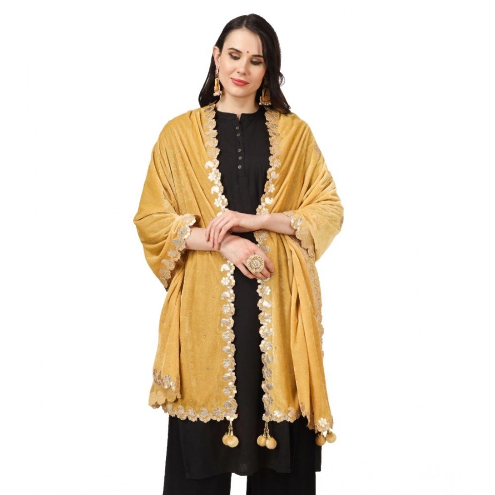 Generic Women's Velvet Gotta Patti Dupatta (Yellow, Length: 2.25 to 2.50 Mtr) - Image 2