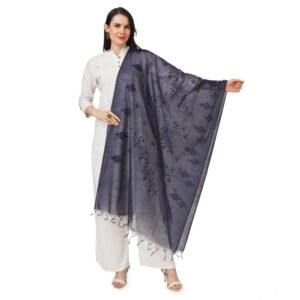 Generic Women's Cotton Embroidered Dupatta (Dark Blue, Length: 2.25 to 2.50 Mtr)