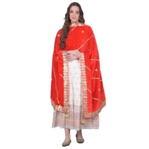 Generic Women's Velvet Gotta Patti Dupatta (Red, Length: 2.25 to 2.50 Mtr)
