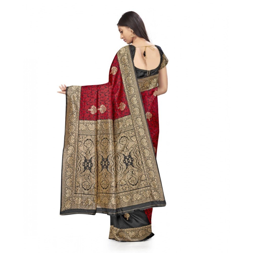 Generic Women's Banarasi Silk Saree With Blouse (Black, Red, 5-6Mtrs) - Image 2