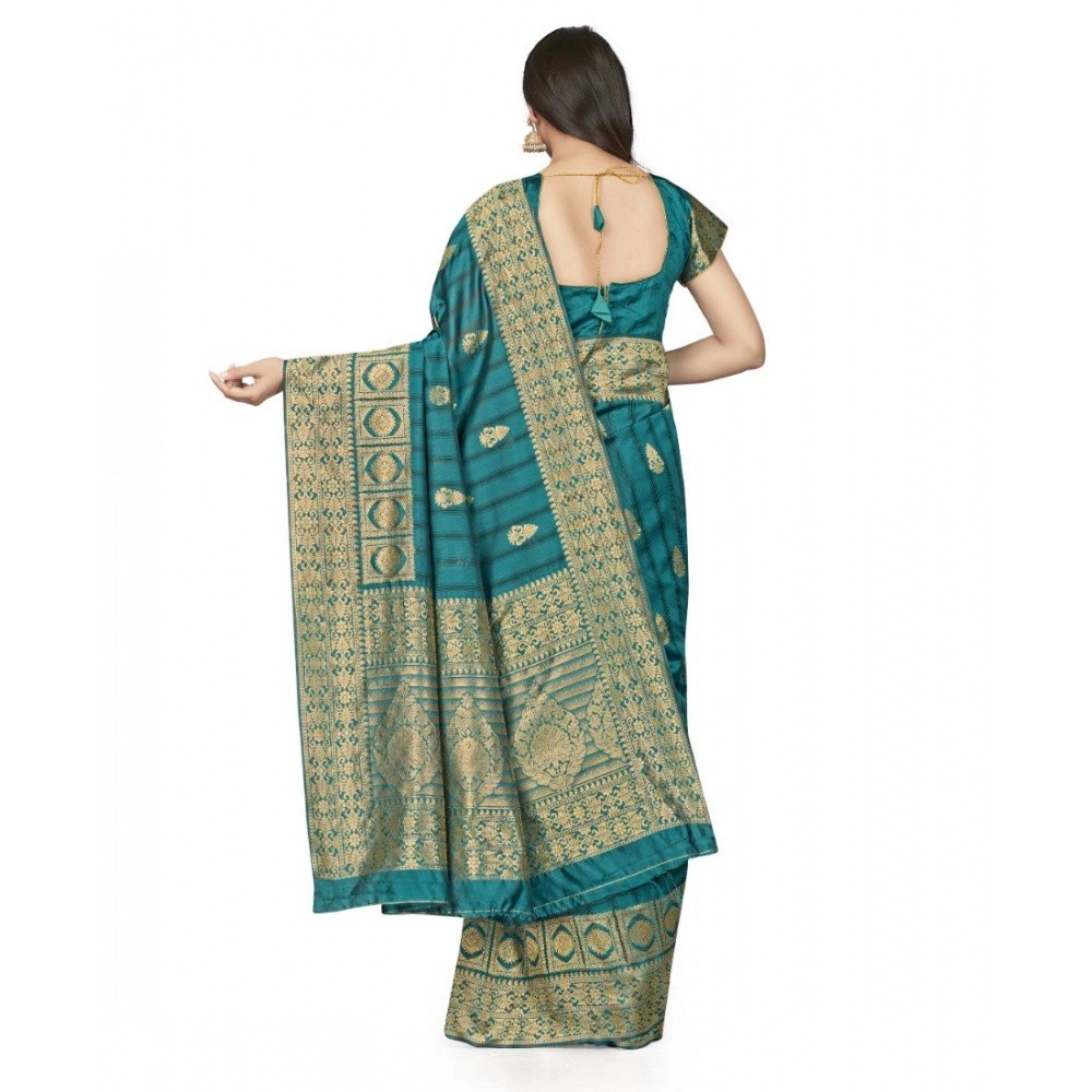 Generic Women's Banarasi Silk Saree With Blouse (Peach, 5-6Mtrs) - Image 2