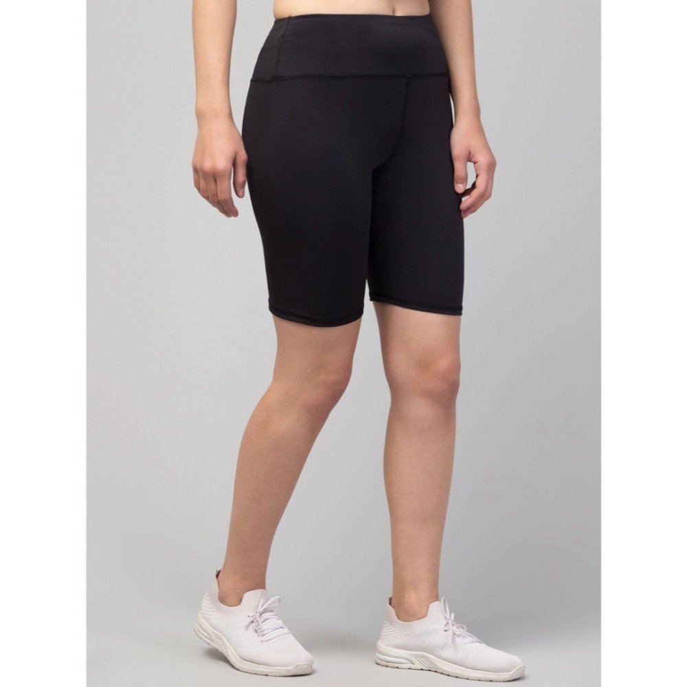 Generic Women's Polyester Solid Above Knee High-Rise Shorts (Black) - Image 3