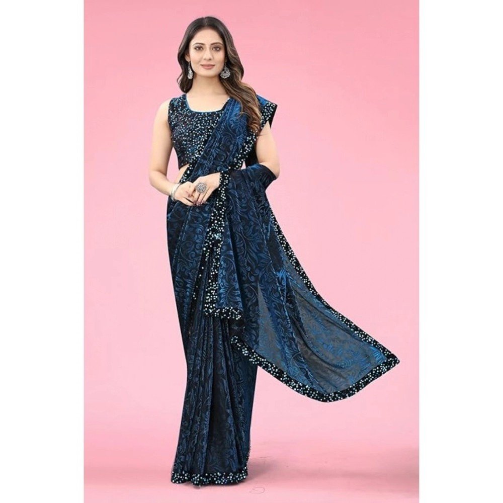 Generic Women's Lycra Floral Saree With Unstitched Blouse (Blue, 5.5 Mtr) - Image 2