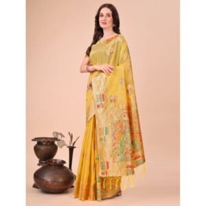 Generic Women's Linen Cotton Printed Saree With Unstitched Blouse 5.5Mtr (Yellow)