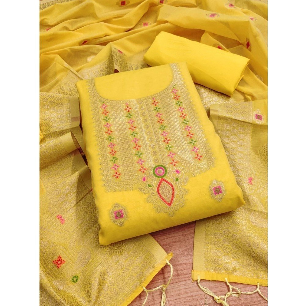 Generic Women's Banarasi Silk Printed Unstitched Salwar Suit Material With Dupatta (Yellow, 3Mtrs)