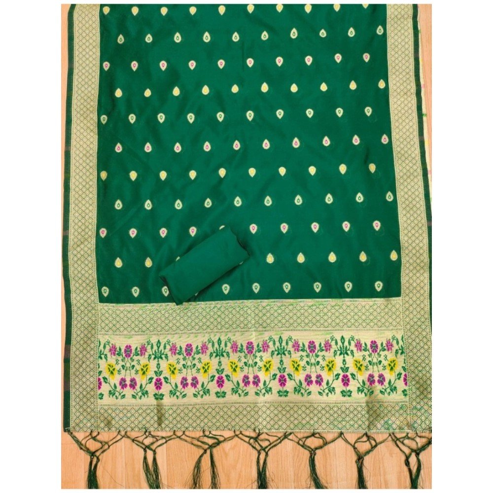 Generic Women's Banarasi Silk Printed Unstitched Salwar Suit Material With Dupatta (Bottle Green, 3Mtrs) - Image 2