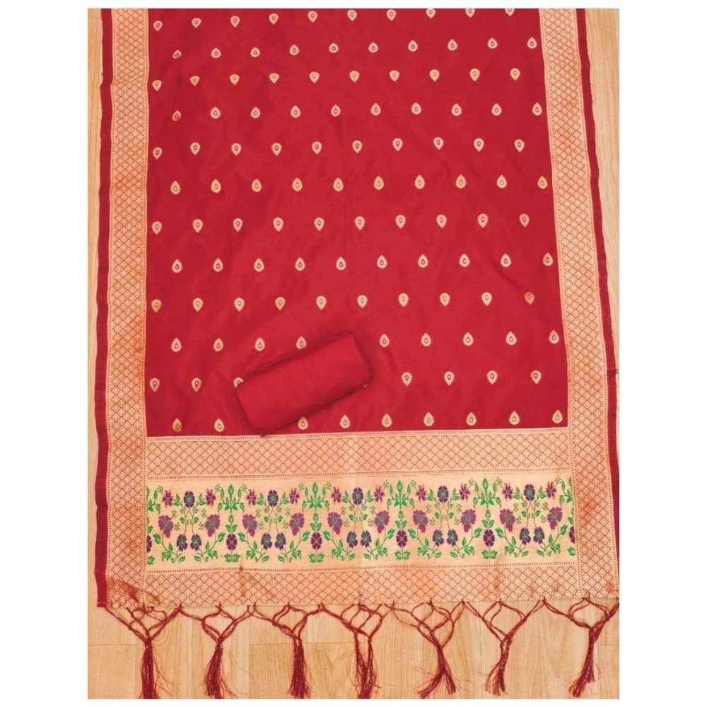 Generic Women's Banarasi Silk Printed Unstitched Salwar Suit Material With Dupatta (Red, 3Mtrs) - Image 2