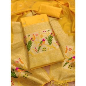 Generic Women's Banarasi Silk Printed Unstitched Salwar Suit Material With Dupatta (Yellow, 3Mtrs)