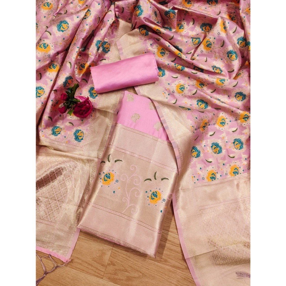 Generic Women's Banarasi Silk Printed Unstitched Salwar Suit Material With Dupatta (Pink, 3Mtrs)