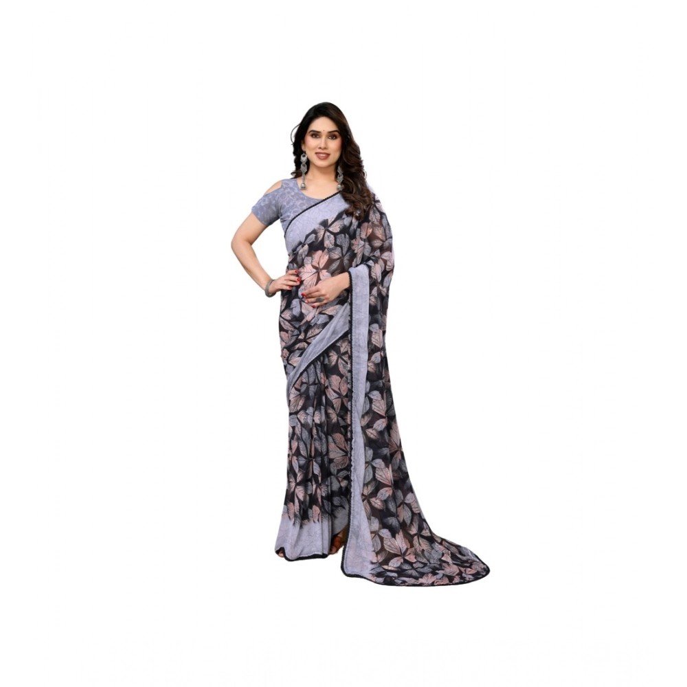 Generic Women's Chiffon Printed Saree With Unstitched Blouse 5.5Mtr��(Grey)