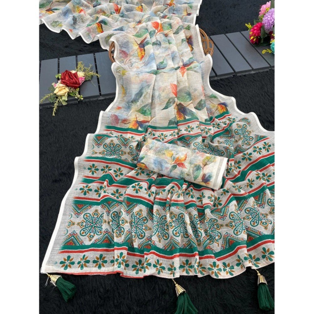 Generic Women's Linen Cotton Printed Saree With Unstitched Blouse 5.5Mtr��(Green)