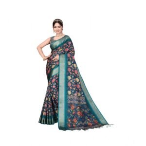 Generic Women's Cotton Silk Printed Saree With Unstitched Blouse 5.5Mtr��(Blue)