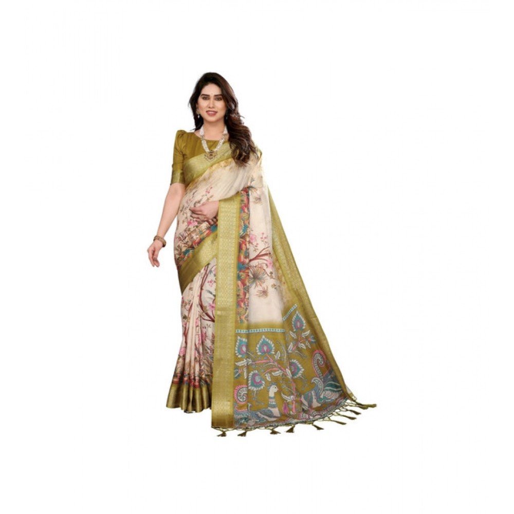 Generic Women's Cotton Silk Printed Saree With Unstitched Blouse 5.5Mtr��(Olive Green)