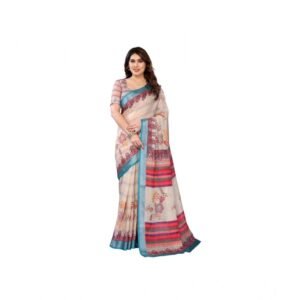 Generic Women's Linen Cotton Printed Saree With Unstitched Blouse 5.5Mtr��(Cream)