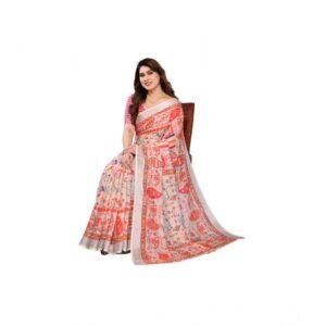 Generic Women's Linen Cotton Printed Saree With Unstitched Blouse 5.5Mtr��(Orange��)