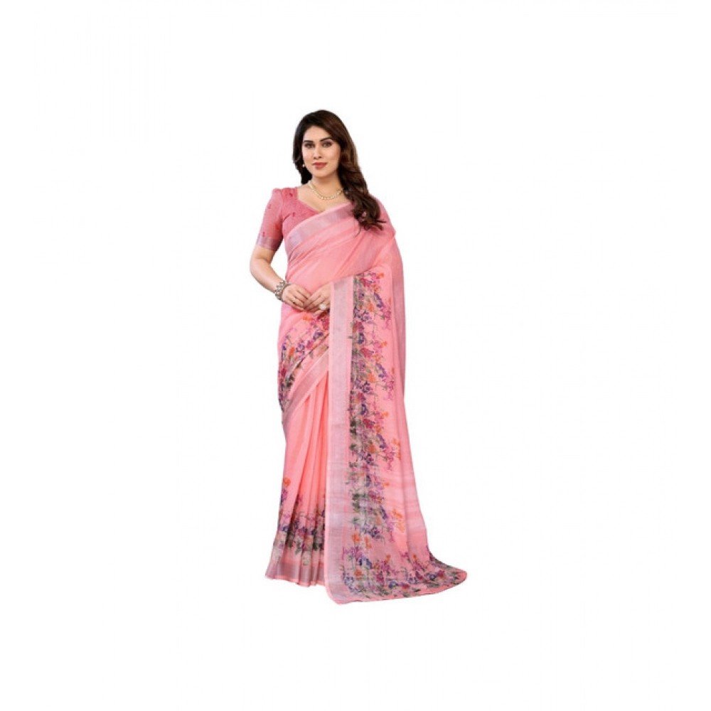 Generic Women's Linen Cotton Printed Saree With Unstitched Blouse 5.5Mtr��(Peach)