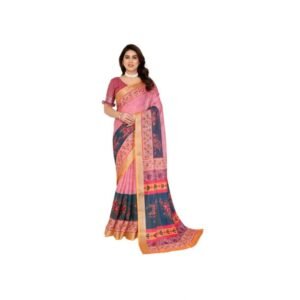 Generic Women's Linen Cotton Printed Saree With Unstitched Blouse 5.5Mtr��(Pink)