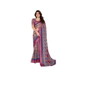 Generic Women's Linen Cotton Printed Saree With Unstitched Blouse 5.5Mtr��(Wine��)