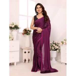 Generic Women's Black Berry Striped Ready-to-Wear Saree With Unstitched Blouse 5.5 Mtr (Purple-Black)