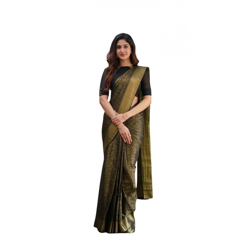Generic Women's Soft Lichi Silk Printed Saree With Unstitched Blouse 5.5Mtr (Green)