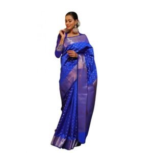 Generic Women's Soft Lichi Silk Printed Saree With Unstitched Blouse 5.5Mtr (Blue)