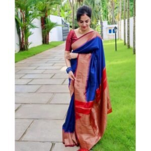 Generic Women's Soft Lichi Silk Solid Saree With Unstitched Blouse 5.5Mtr (Blue)
