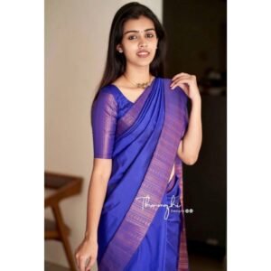 Generic Women's Soft Lichi Silk Solid Saree With Unstitched Blouse 5.5Mtr (Blue)
