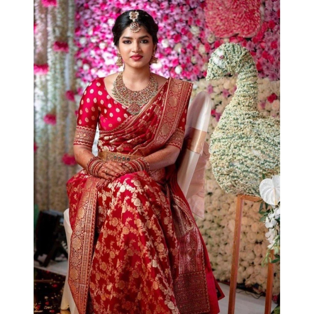 Generic Women's Litchi silk Printed Saree With Unstitched Blouse (Red)