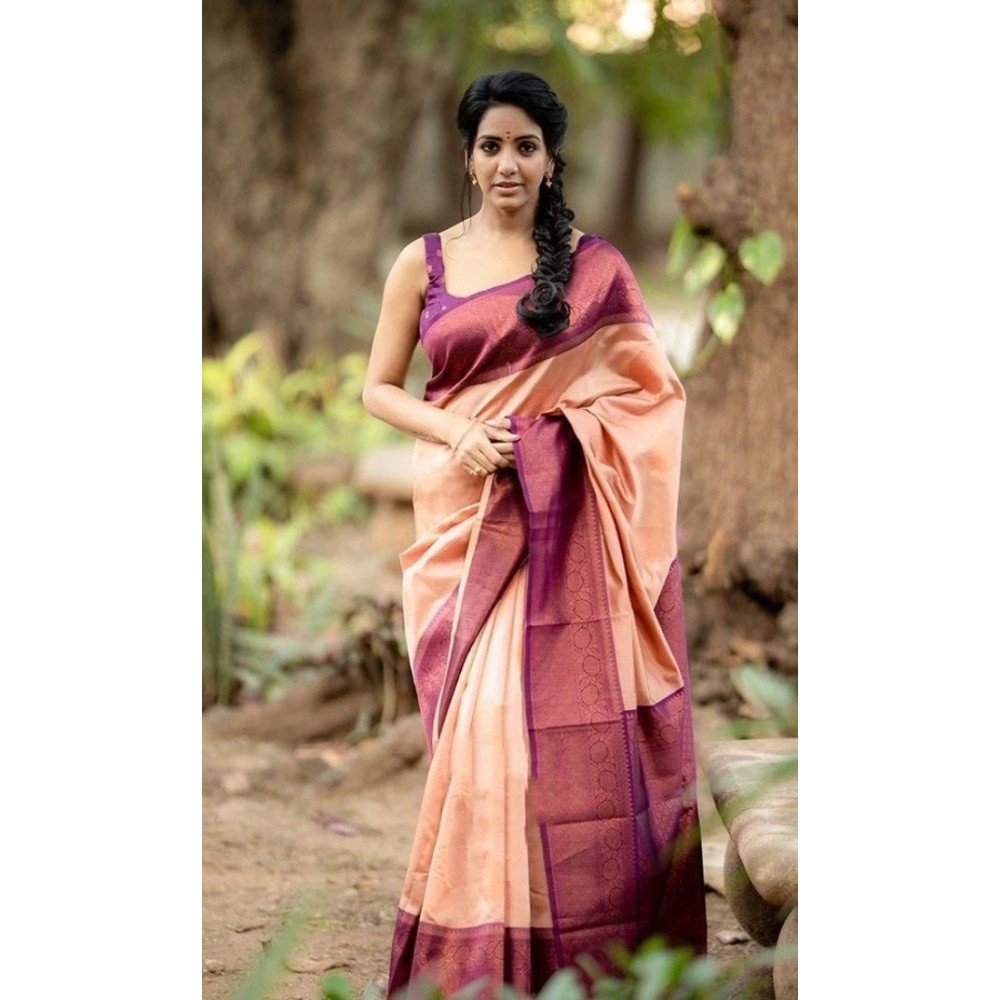 Generic Women's Litchi silk Printed Saree With Unstitched Blouse (Beige)