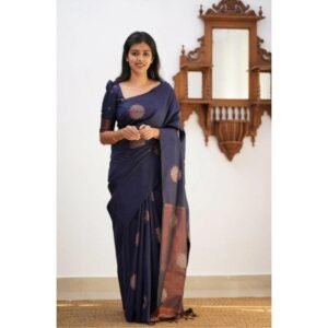Generic Women's Litchi silk Printed Saree With Unstitched Blouse (Dark Blue)