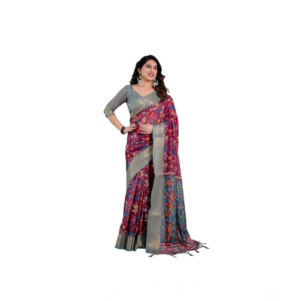 Generic Women's Linen Printed Saree With Unstitched Blouse 5.5Mtr��(Purple)