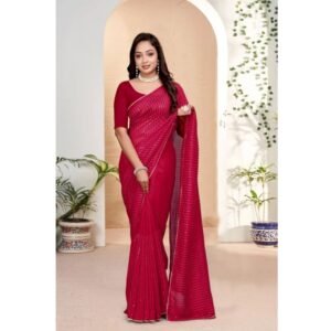 Generic Women's Vichitra Silk Striped Saree With Unstitched Blouse 5.5Mtr (Pink)