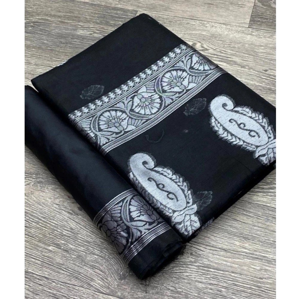 Generic Women's Cotton Printed Saree With Unstitched Blouse 5.5Mtr (Black)