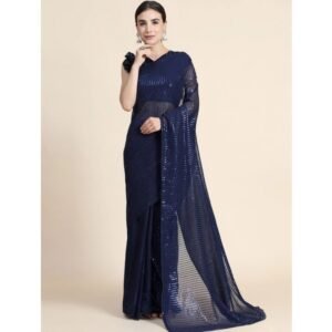 Generic Women's Georgette Embellished Sequnece Bollywood Saree With Unstitched Blouse 5.5Mtr (Blue)