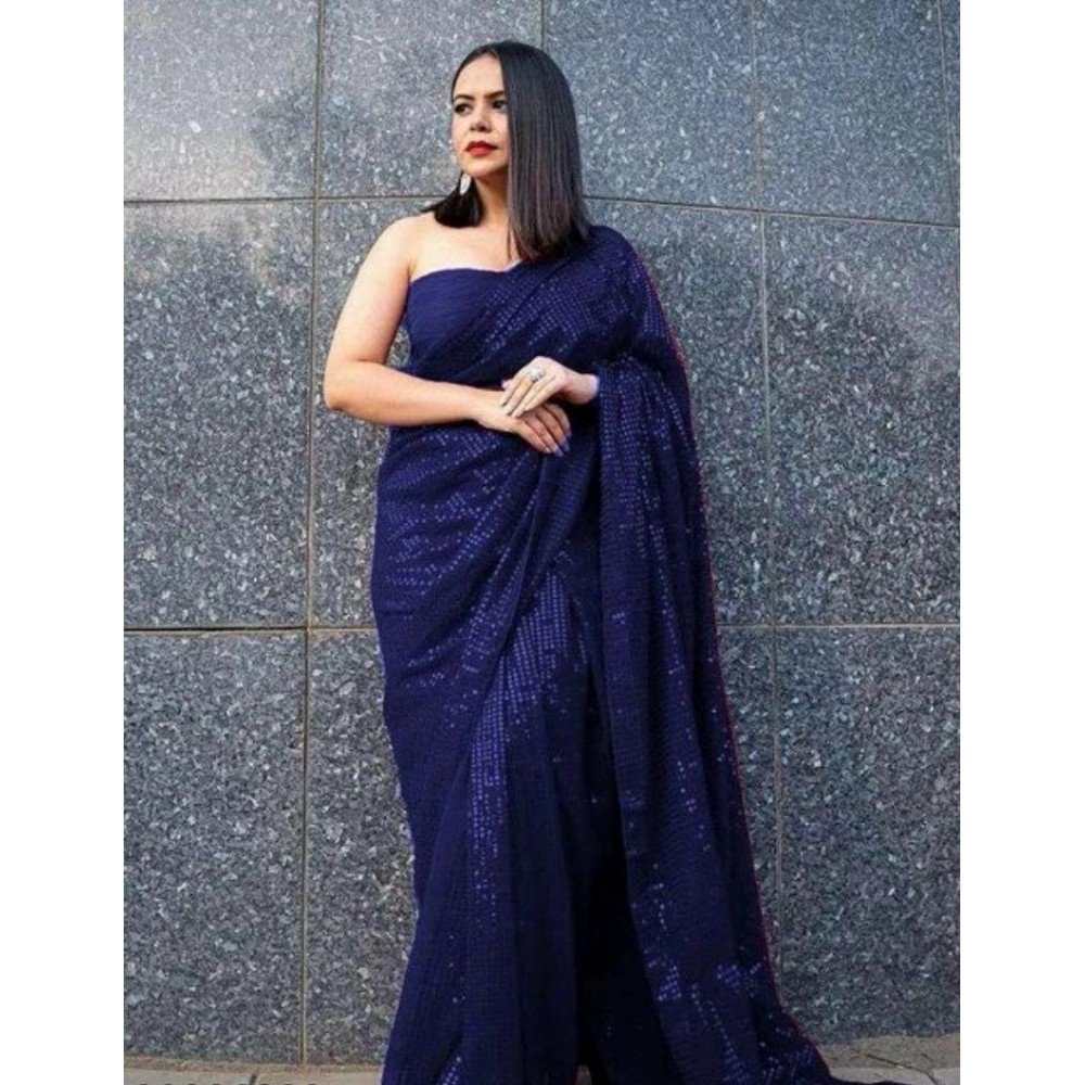 Generic Women's Georgette Embellished Sequnece Bollywood Saree With Unstitched Blouse 5.5Mtr (Blue)